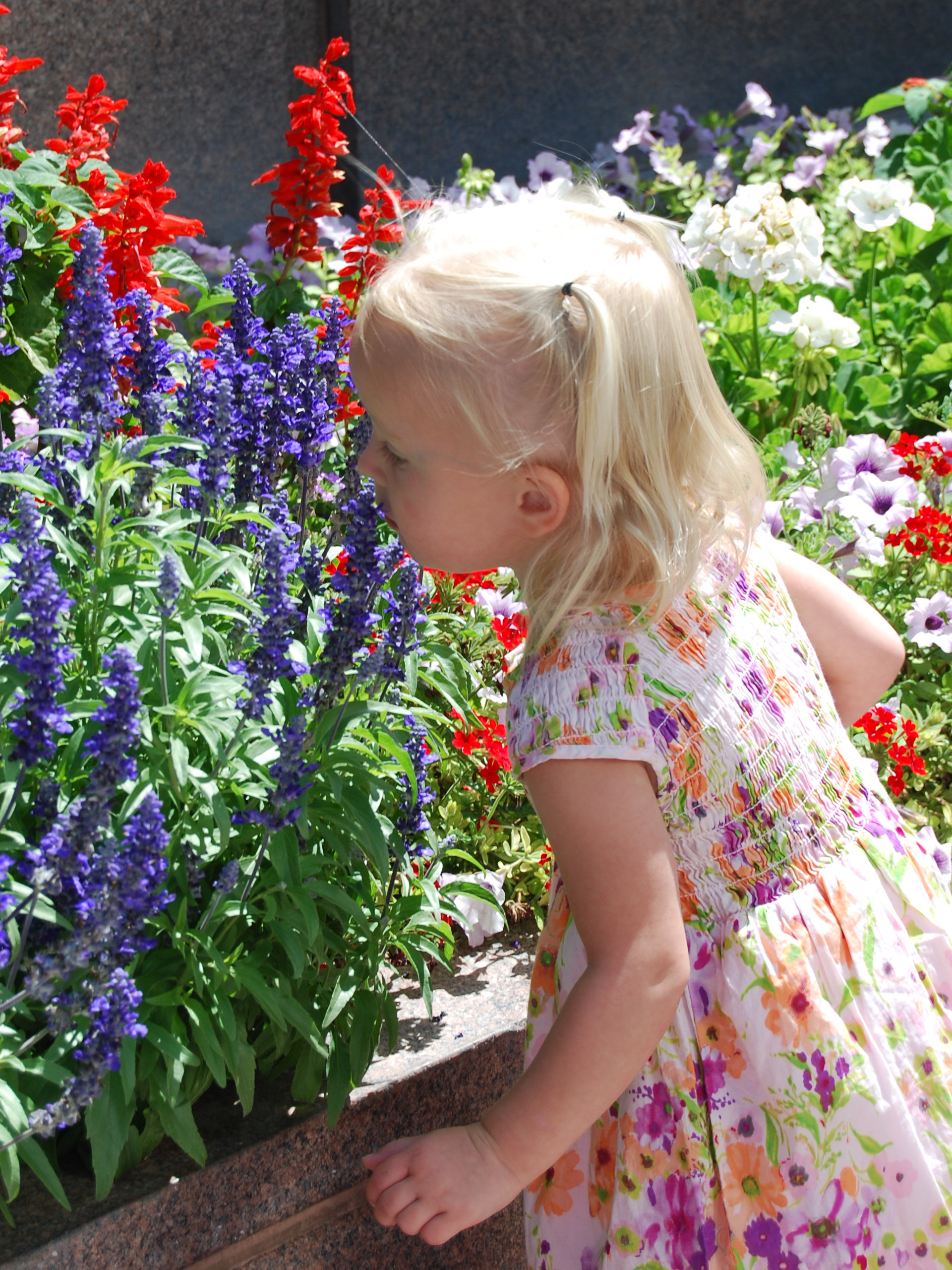 Girl smelling flowers